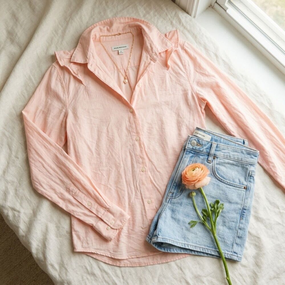 Club Monaco Peach Cotton Ruffle Button Up Shirt Long Sleeve Womens Size XS - Picture 9 of 9
